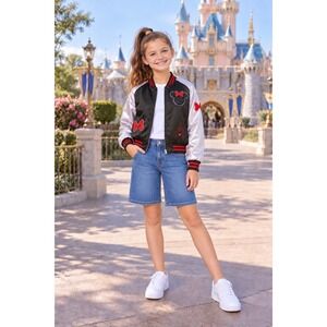 Walt Disney World Minnie Mouse Satin Bomber Jacket Black White Girls XL 14-16